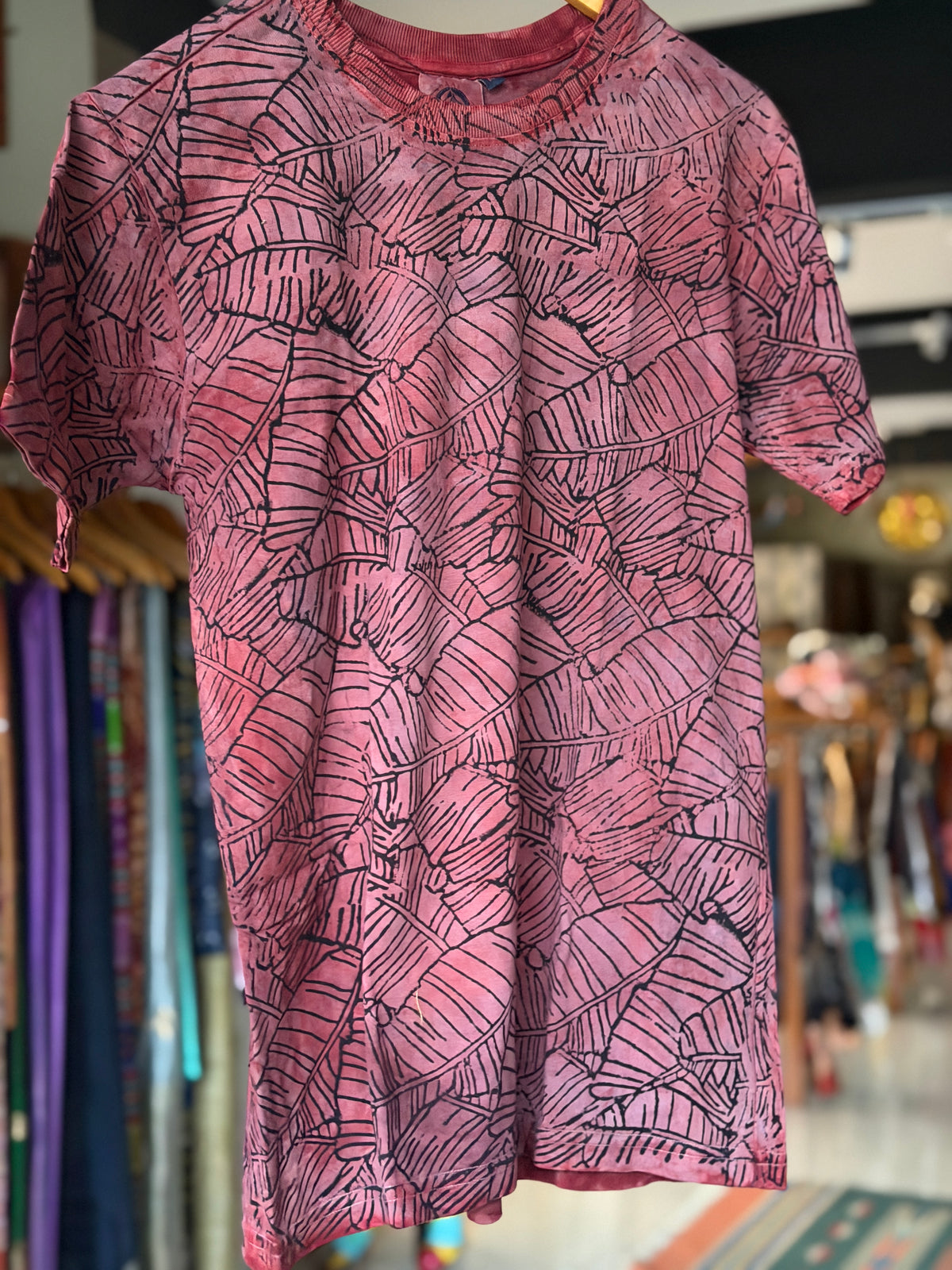 Maroonish leaf print cotton tee - hand block printed, natural dyed, unisex cotton t-shirt