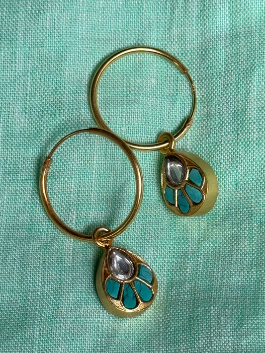 Turquoise pear shaped drops hoop earrings in 92.5 sterling silver with gold polish