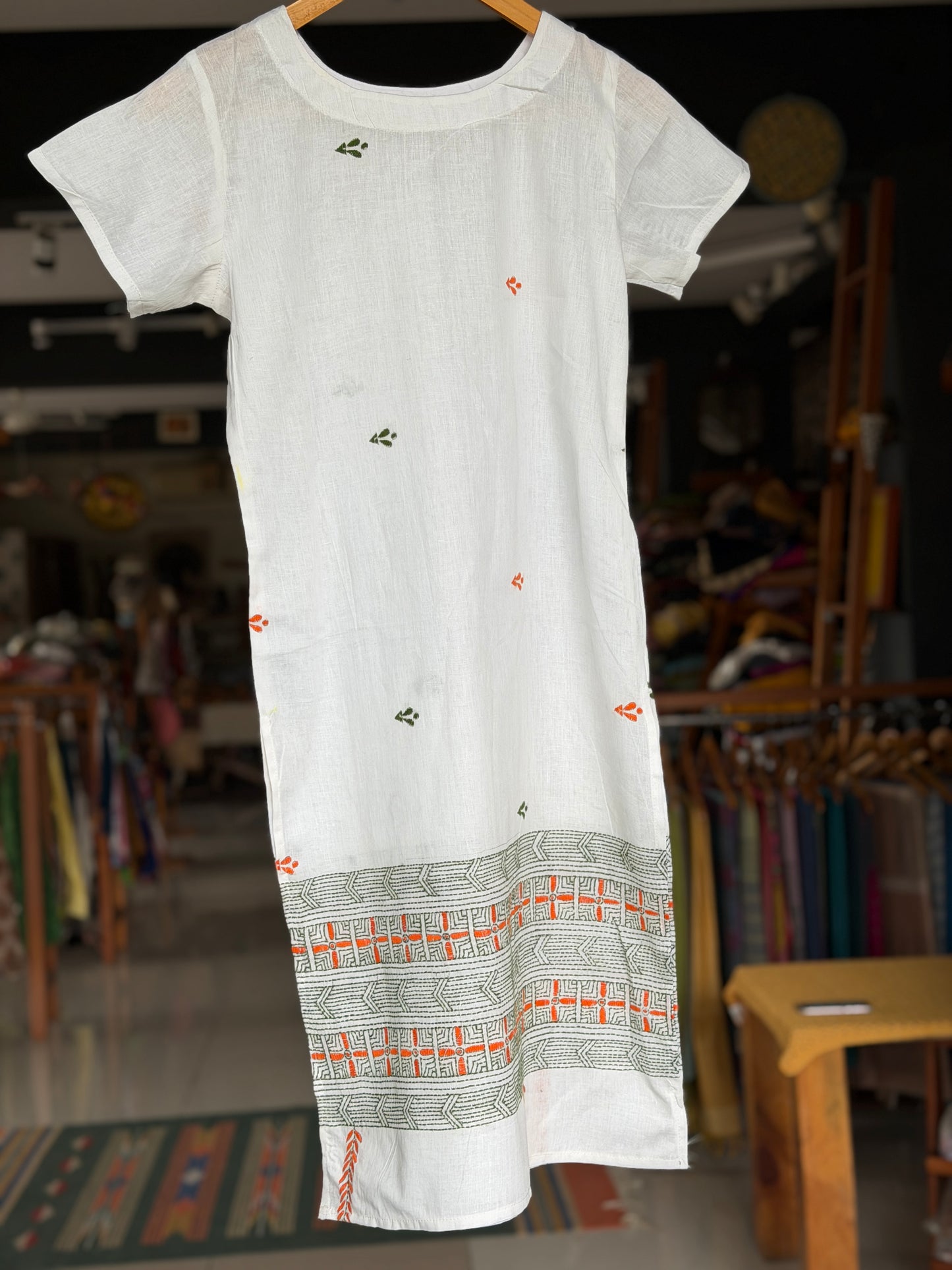 White cotton straight cut Kurti for girls with orange and green Kantha hand embroidery