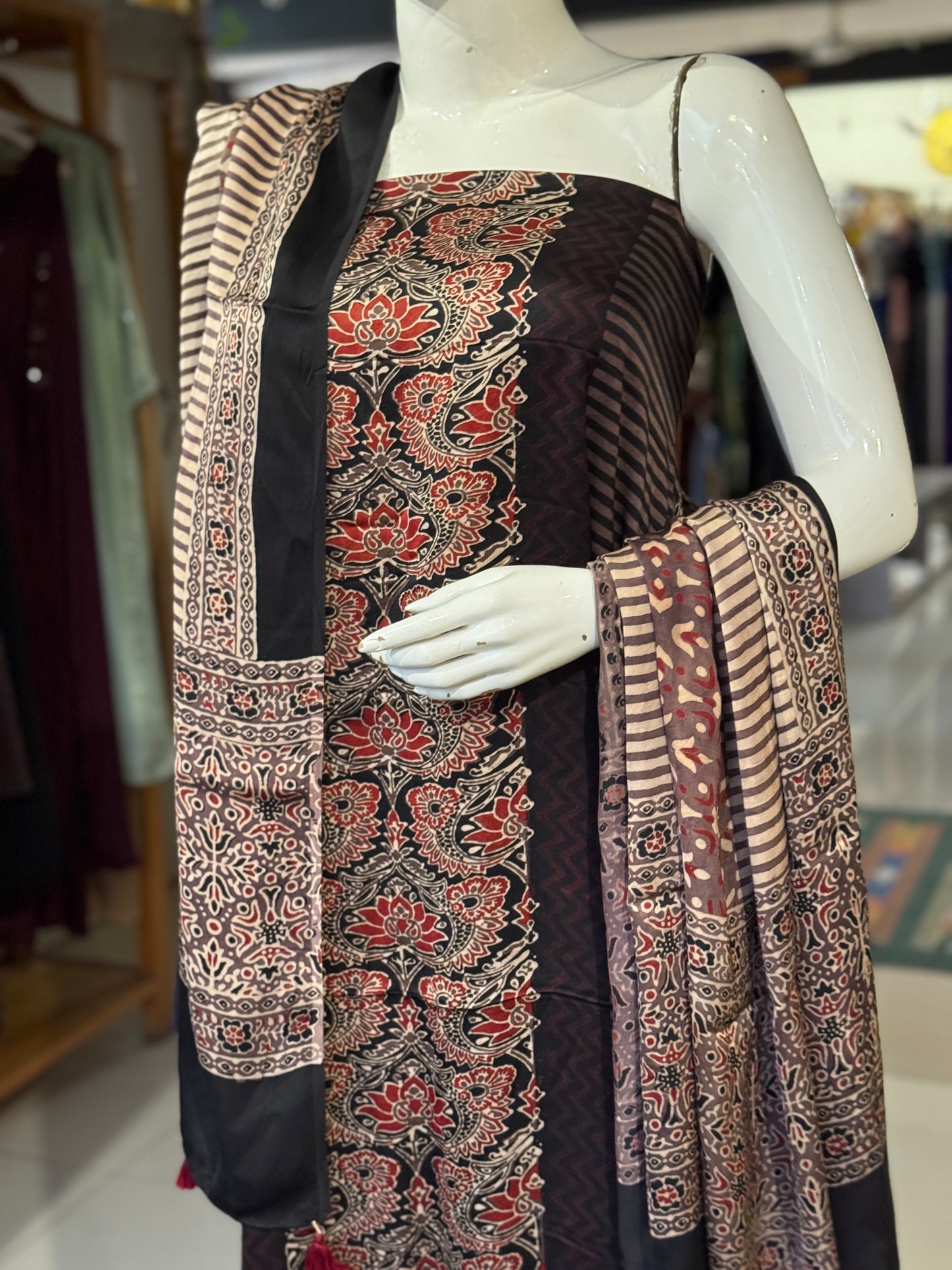 Modal 2 piece unstitched set - kurti n dupatta in natural dyed Ajrakh hand block prints