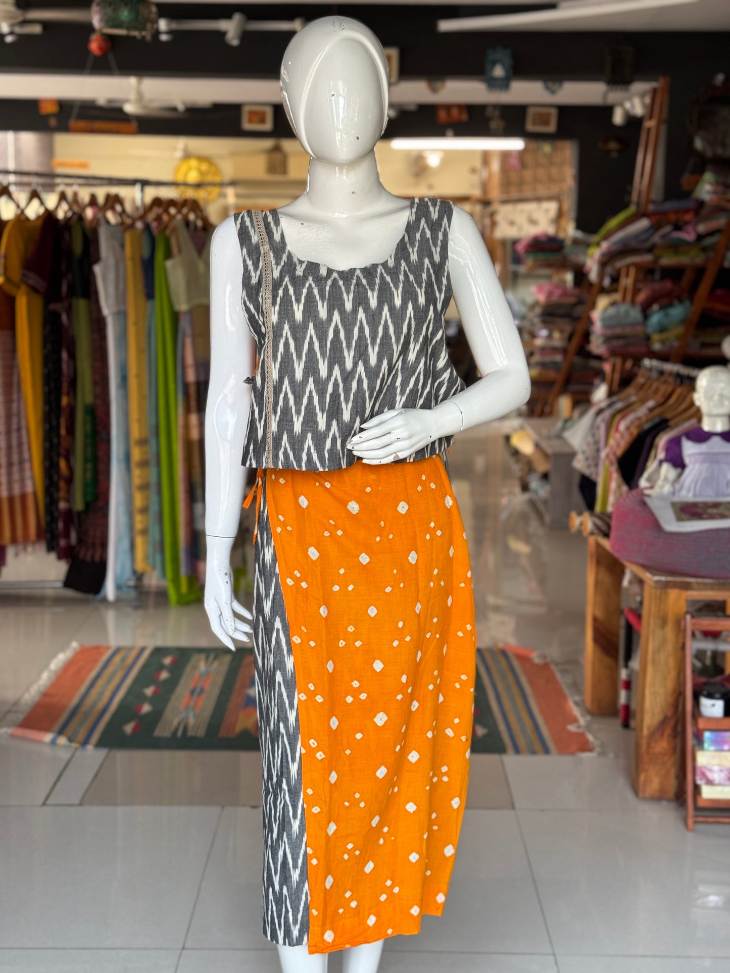 4 way handcrafted cotton coord set - free sized side ties crop top and calf length wrap around skirt