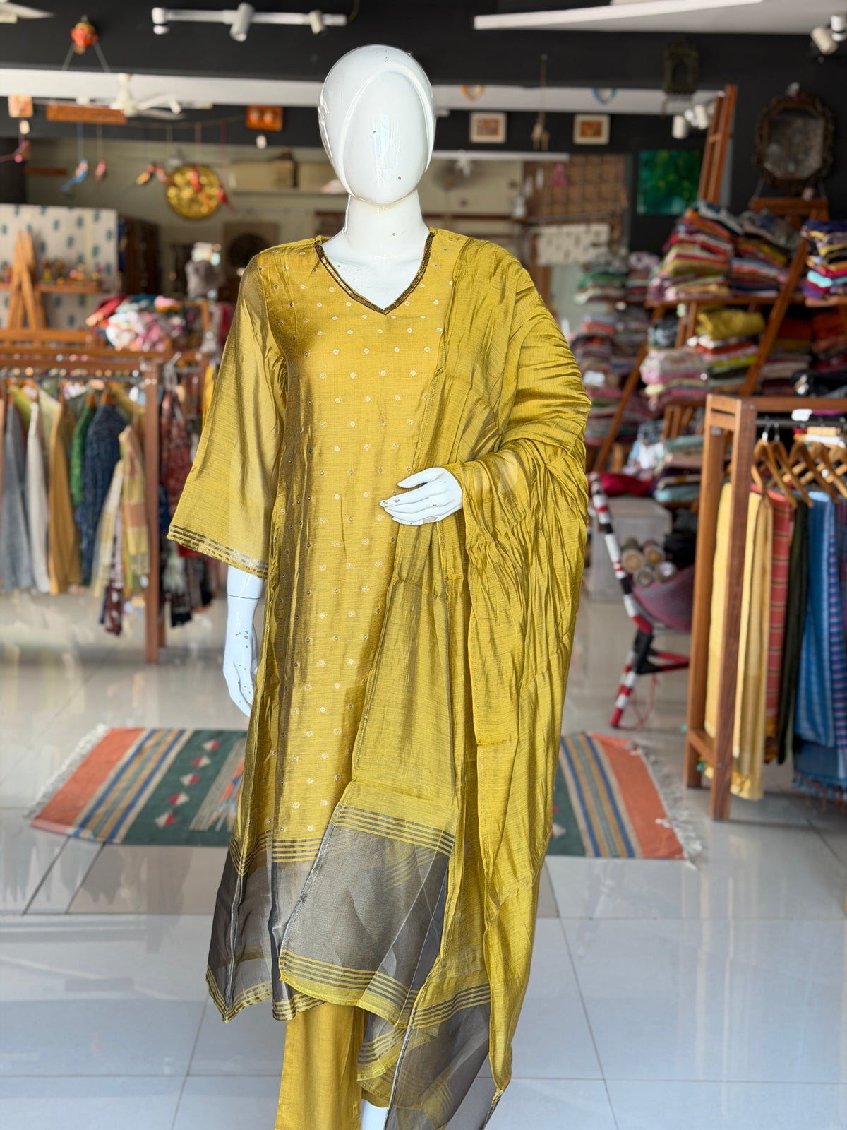 Mustard yellow mul chanderi silk 3 piece set: a-line kurti, pants n dupatta
