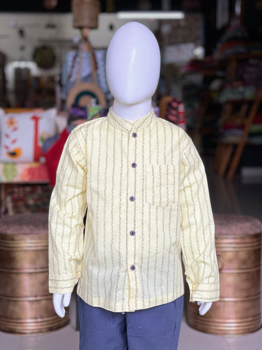 Yellow green stripes cotton half sleeves band collar shirt for boys