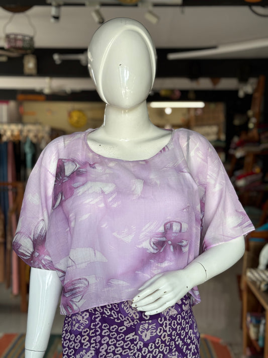 Purple hand-painted mul cotton kaftan crop top