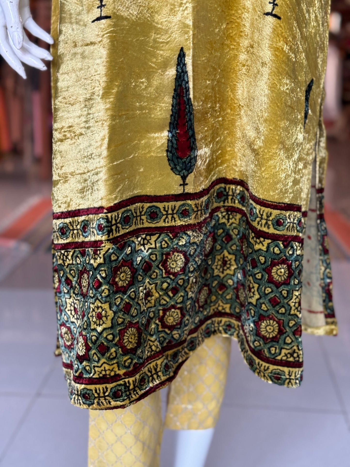 Yellow velvet straight kurti with Ajrakh hand block prints and long sleeves