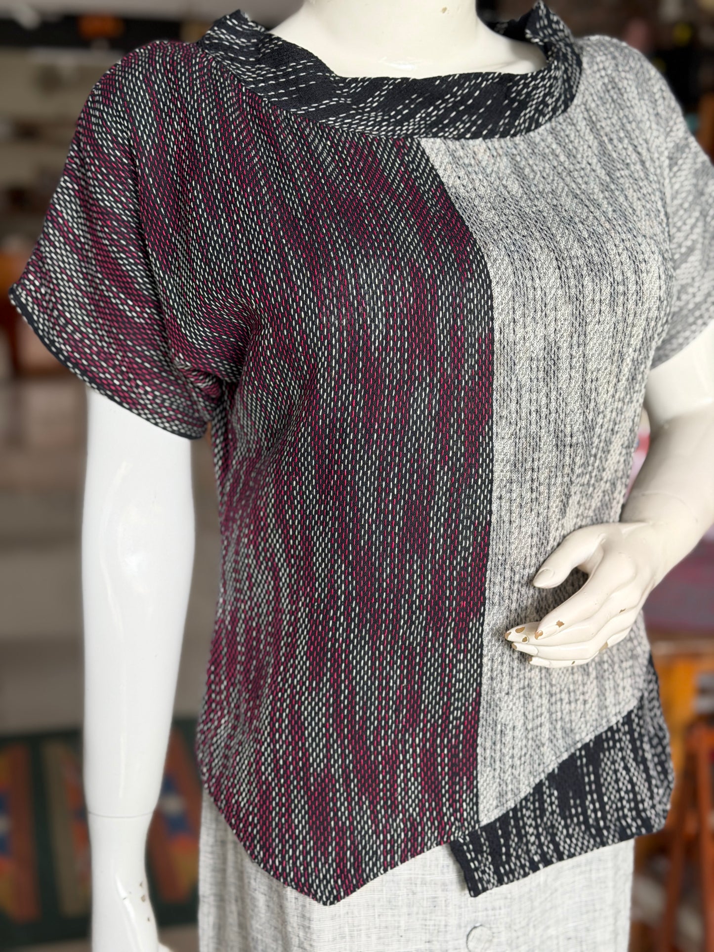 Grey, maroon n black - hand spun, handwoven cotton top with woven thread kantha
