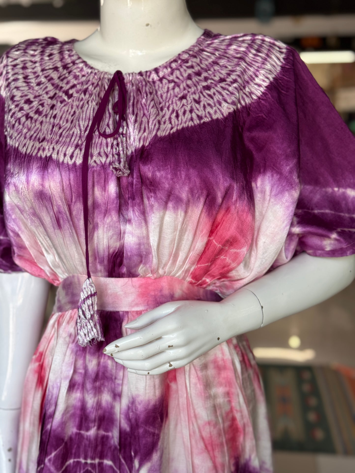 Purple and pink shibori and clamp dyed soft modal dress