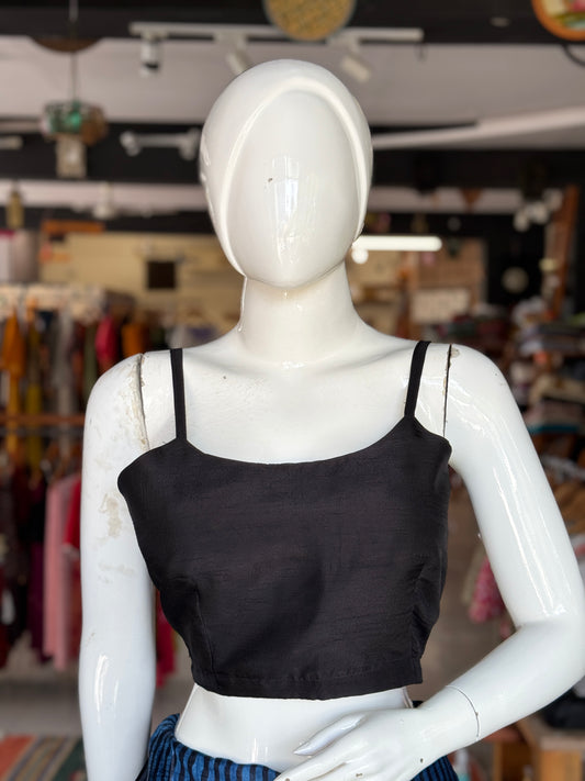 Black plain spaghetti straps sleeveless back open silk blouse