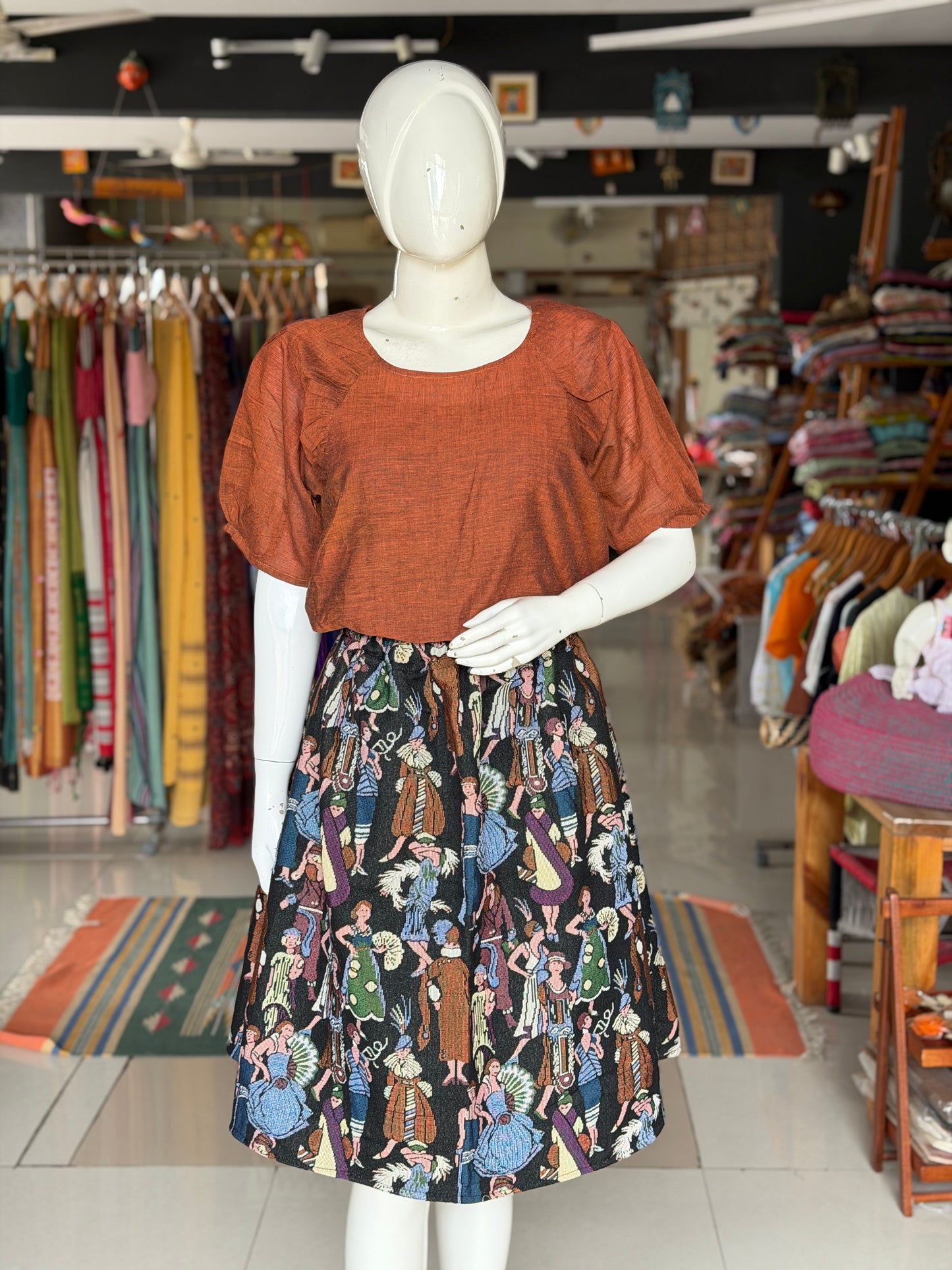 Brown soft mul handwoven cotton top with gathers near neck line