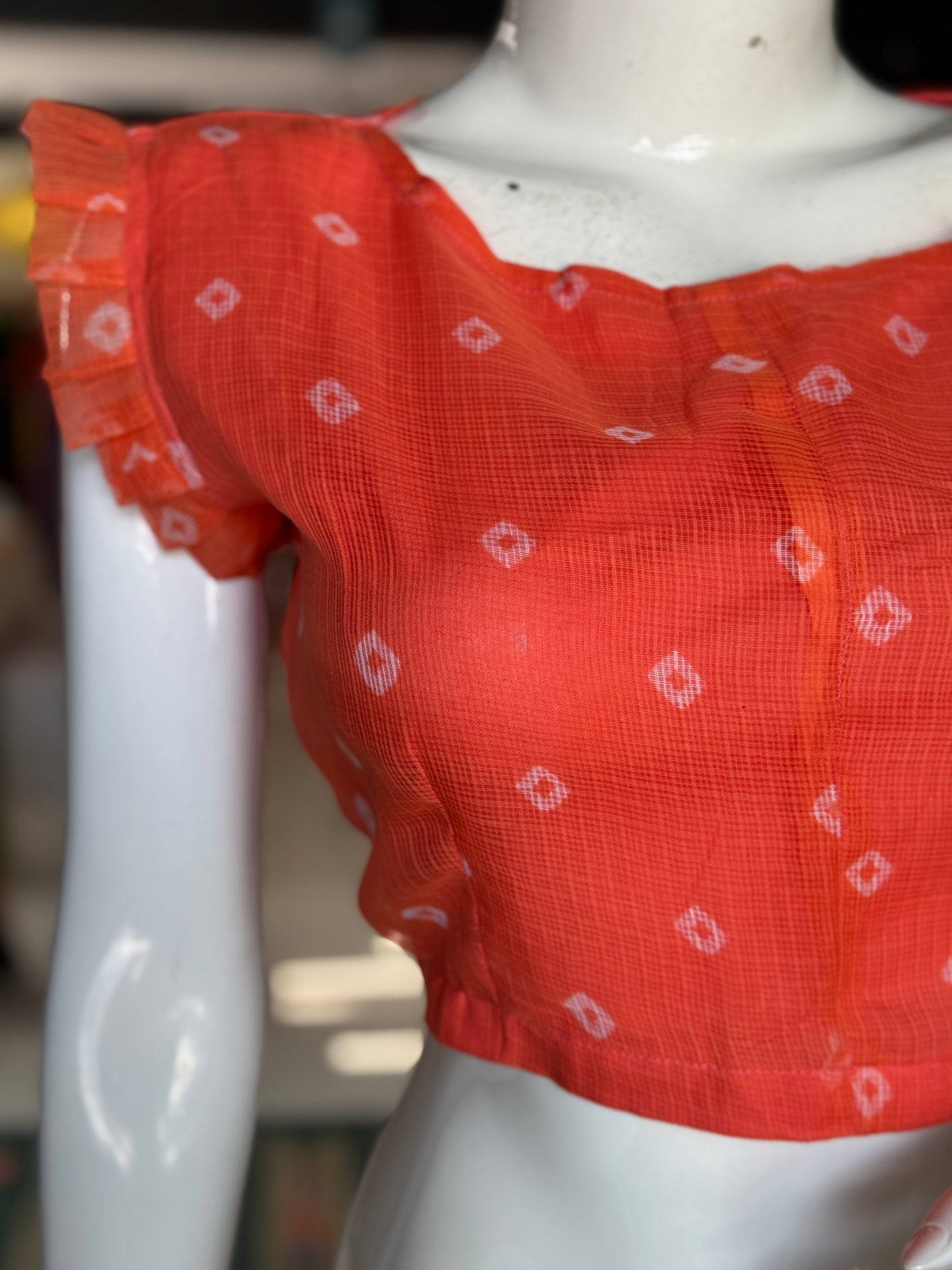 Orange kota Bandini print cotton frill sleeves blouse