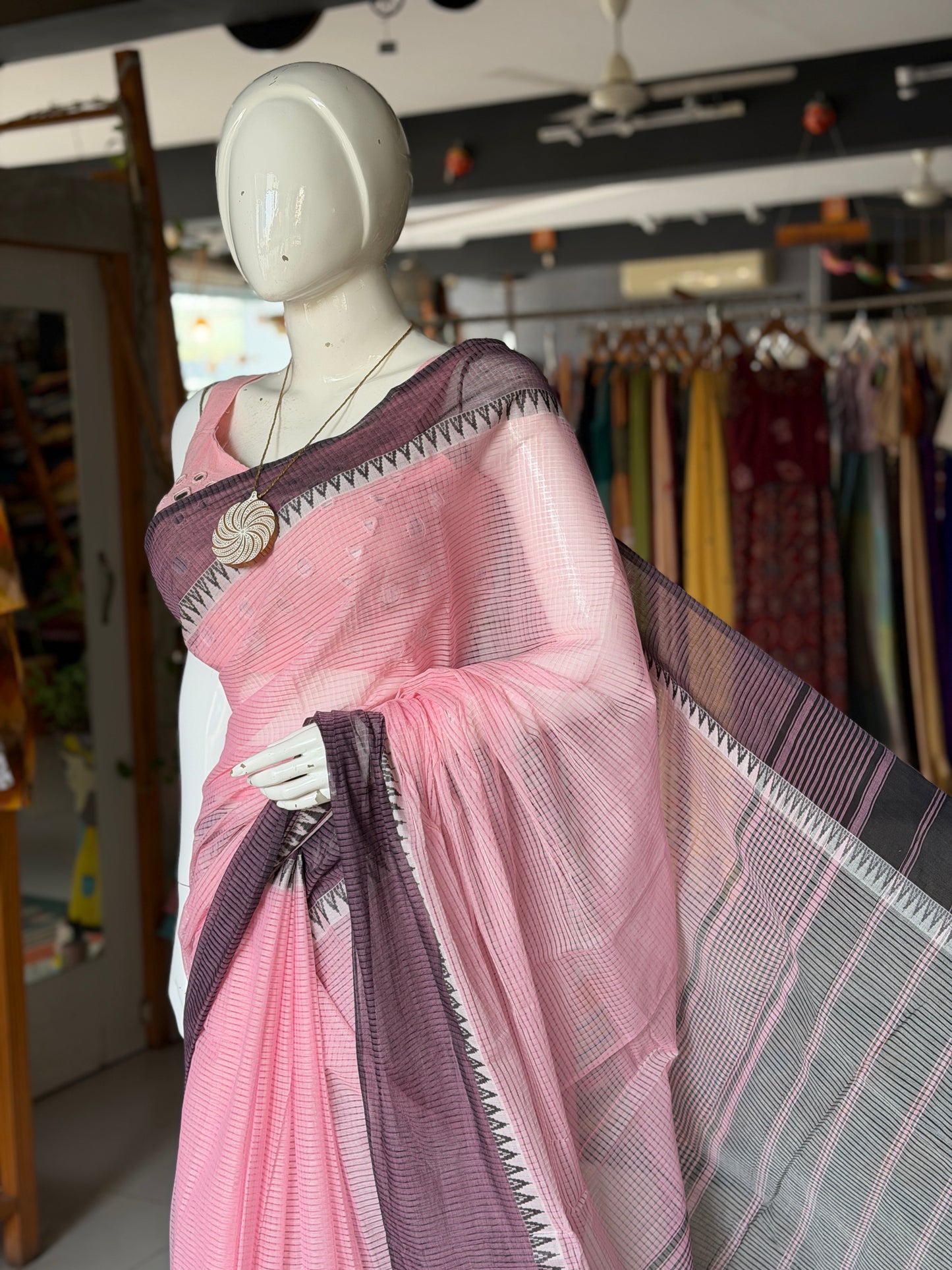 Light pink and purple Mangalagiri handloom missing checks cotton saree with temple border