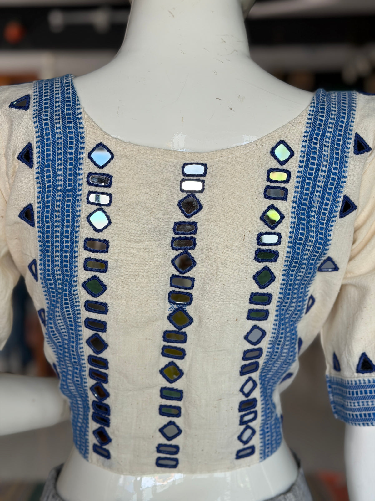 Off white Bhujodi kala cotton handloom blouse with mirror work on sleeves and back