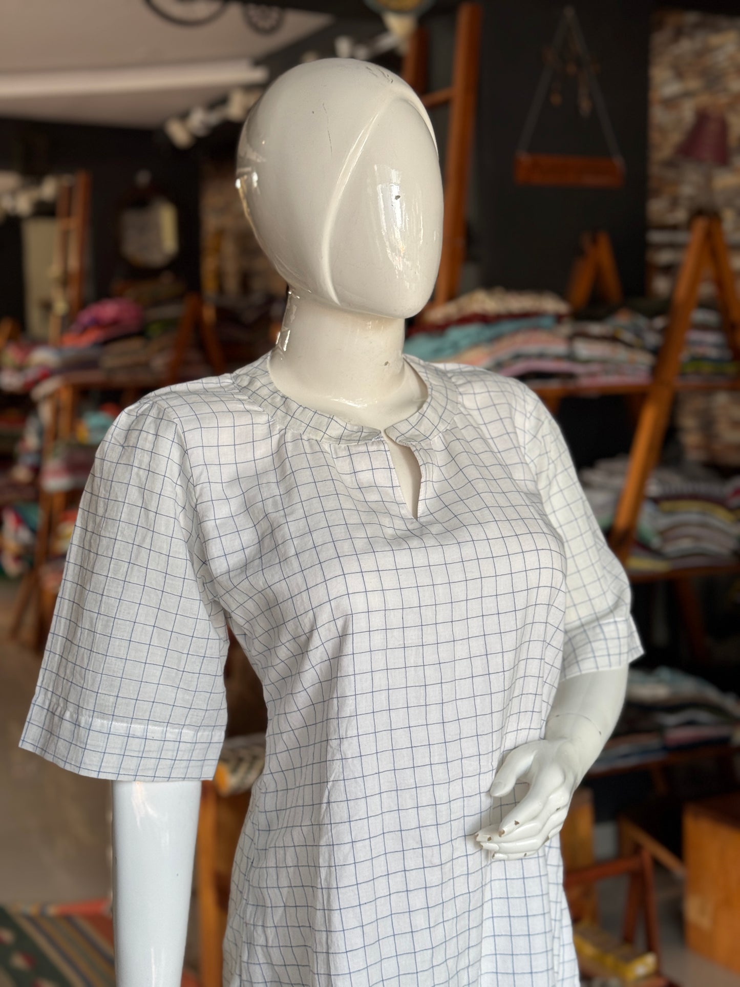 White n blue checks soft cotton handloom dress with jamdani ruffles hem