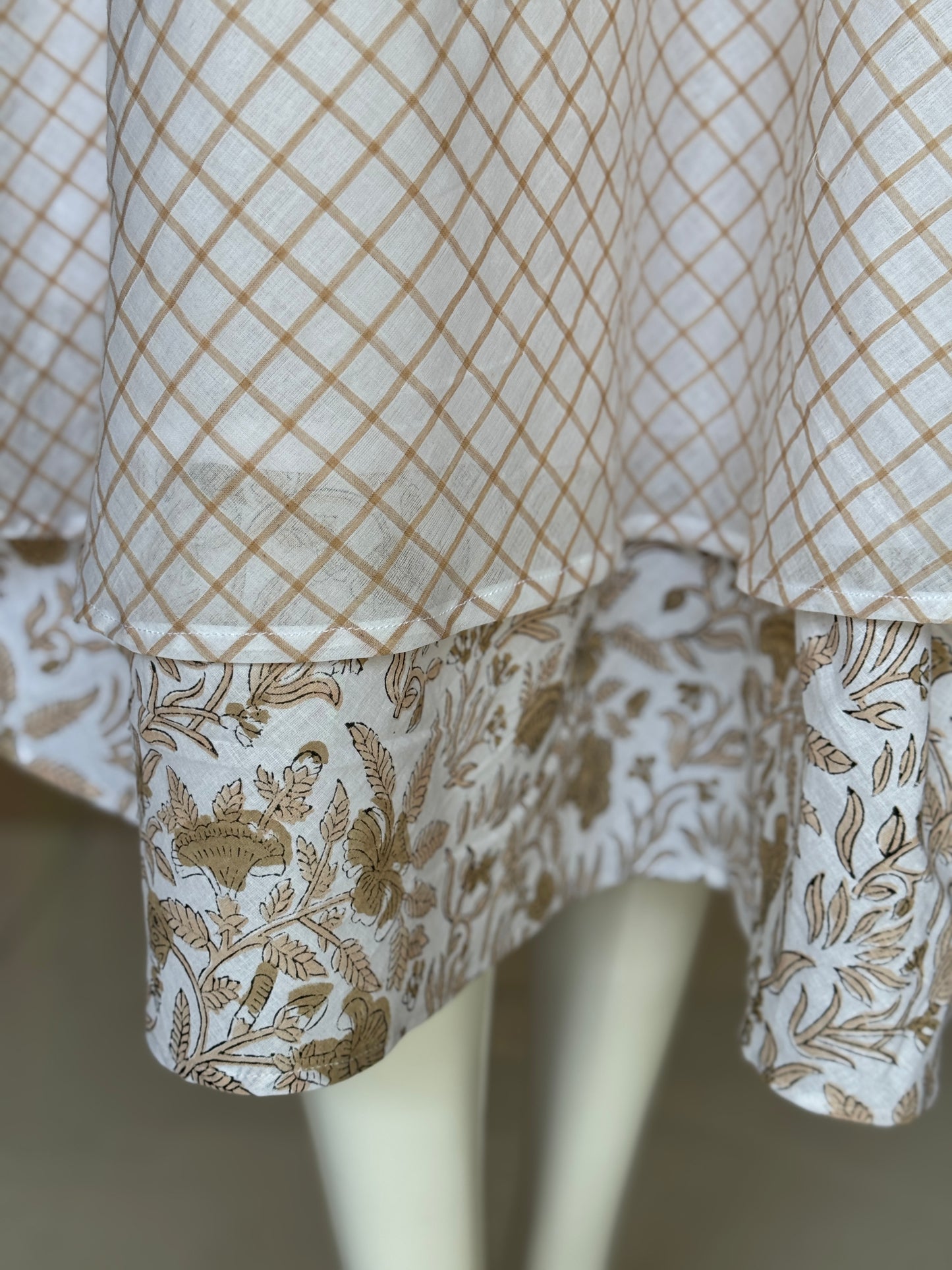 White n brown handwoven cotton dress with hand block printed hem