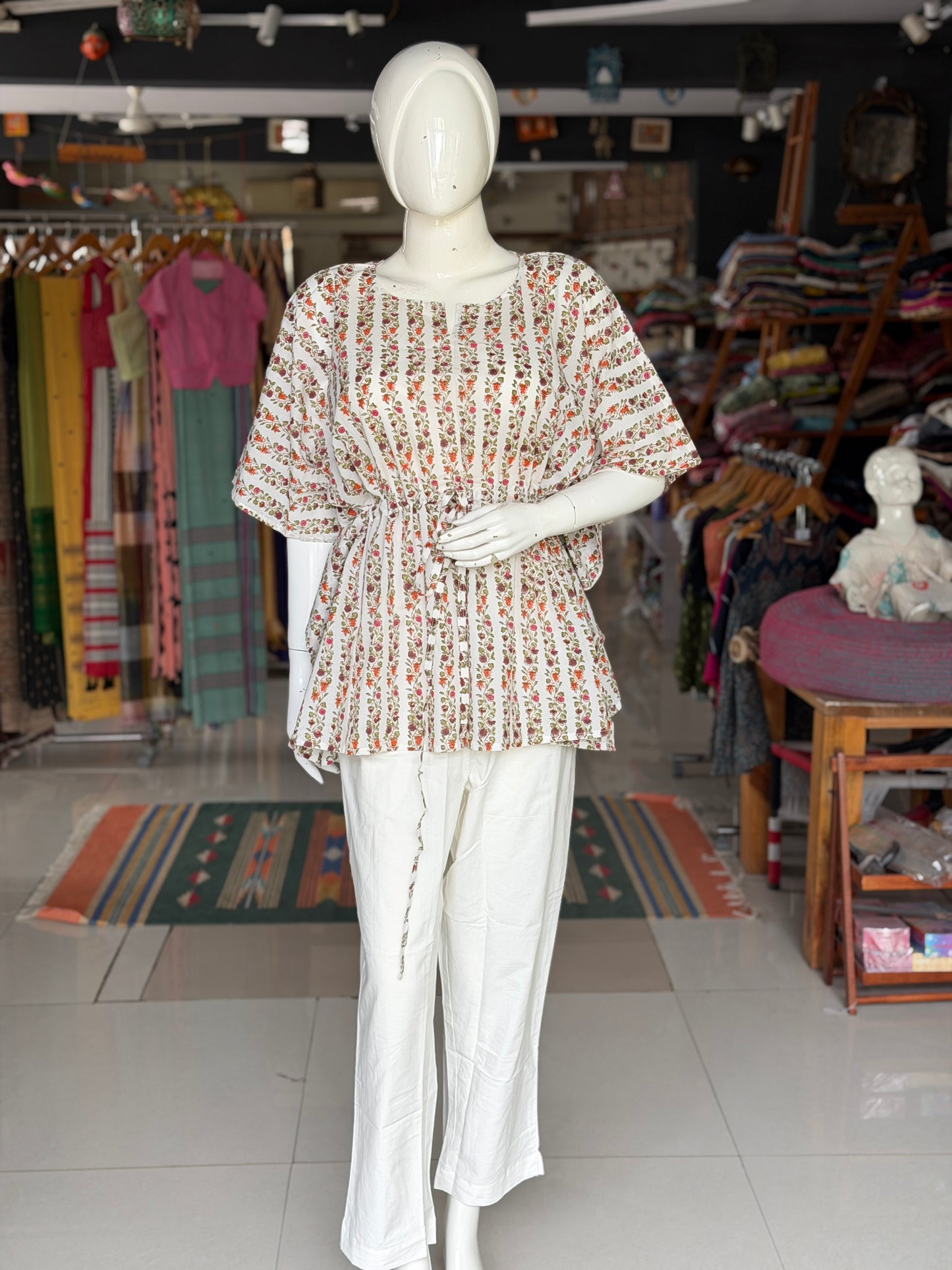 White floral stripes Kaftan top in cotton hand block prints and plain cotton pants - 2 piece set