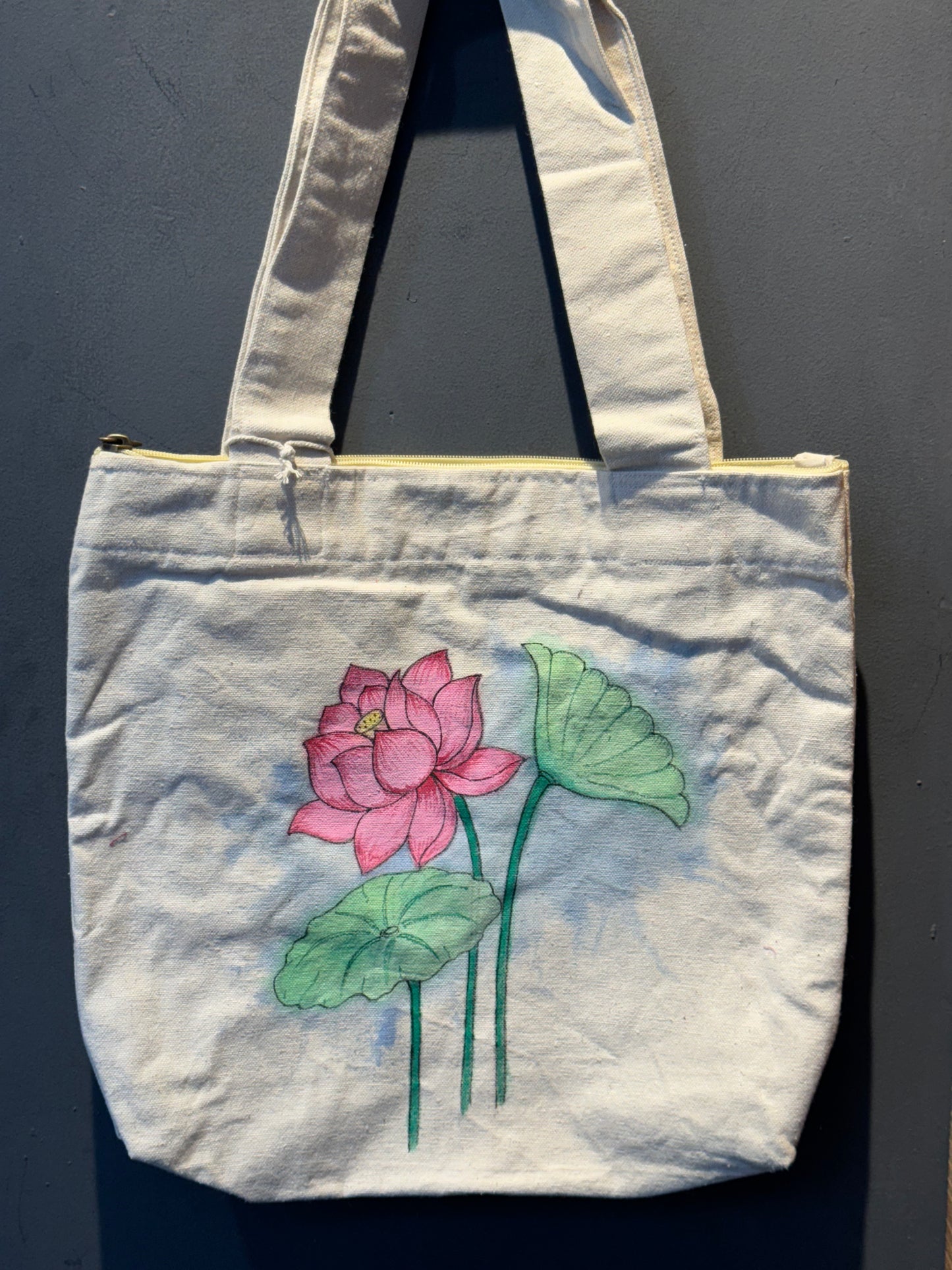 Lotus design hand painted cotton canvas hand bag with zipper closure