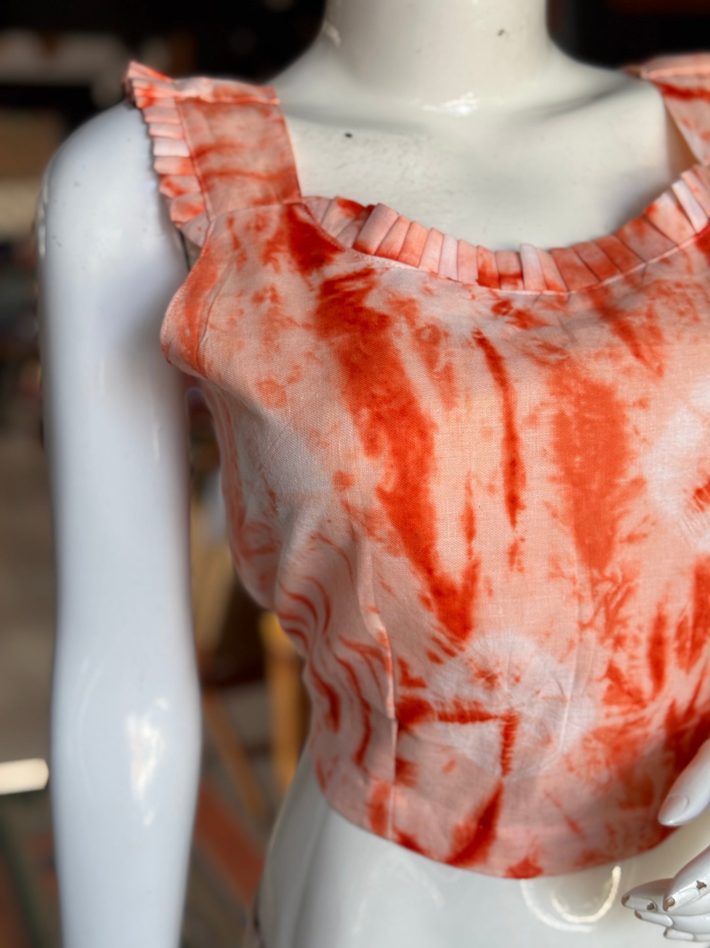 Orange tie n dye cotton back open sleeveless fancy blouse