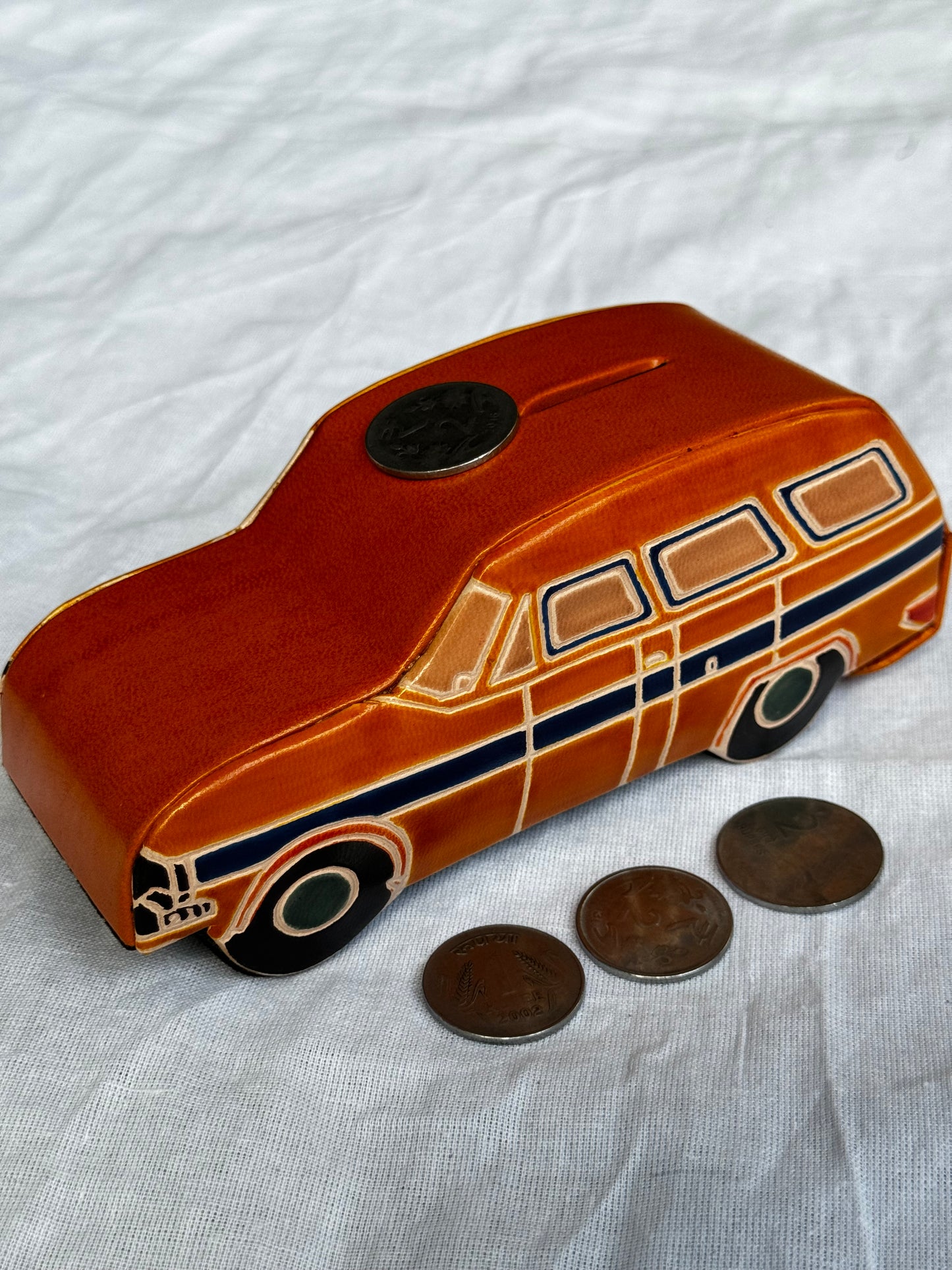 Car shaped money bank - handcrafted leather