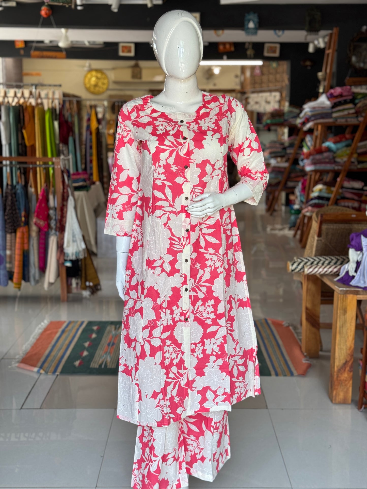 Pink floral cotton kurta and pants - coord set