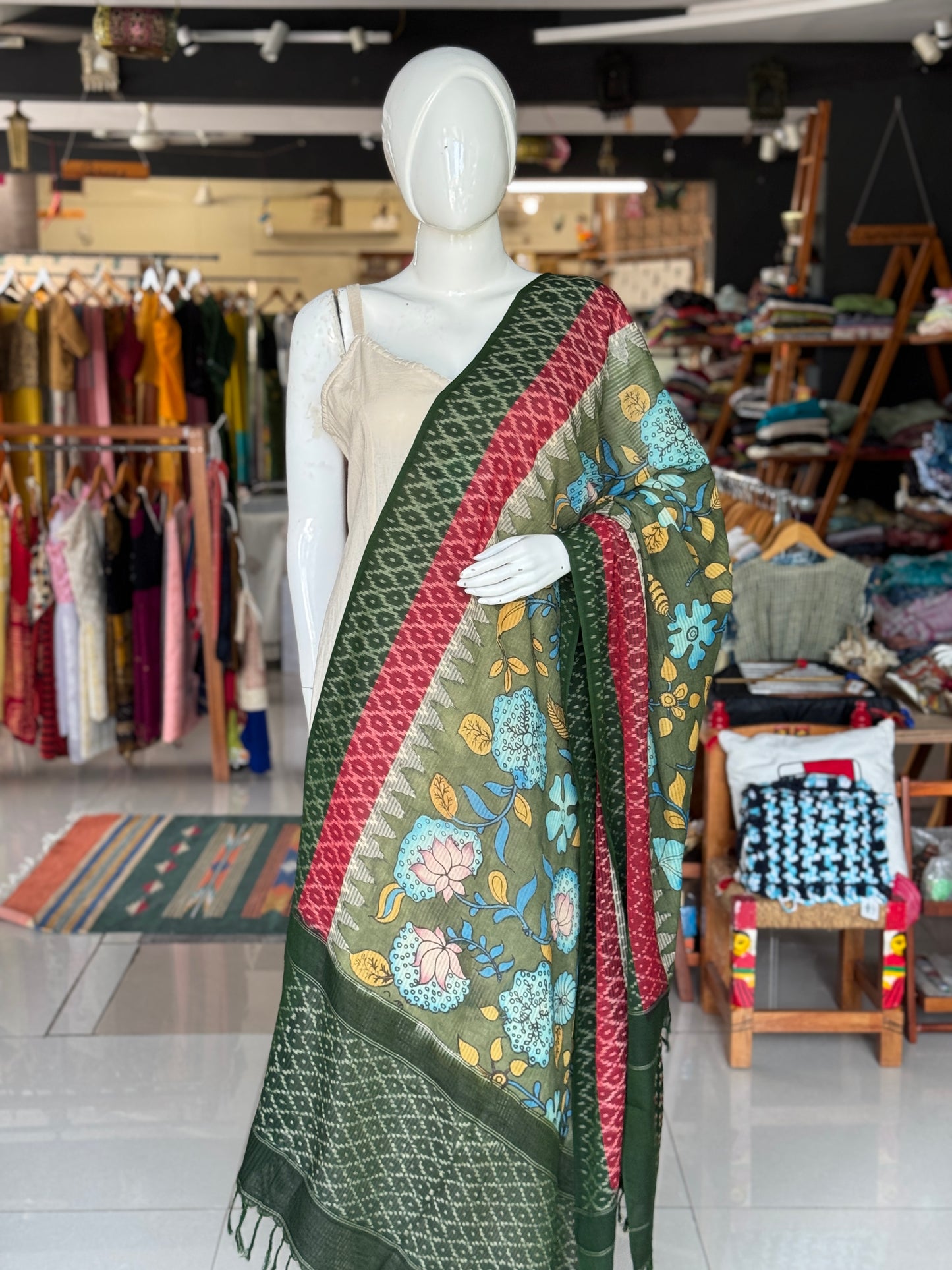 Ikat handloom + Pen Kalamkari hand painted cotton dupatta - 2 beautiful crafts in one dupatta - multiple designs available