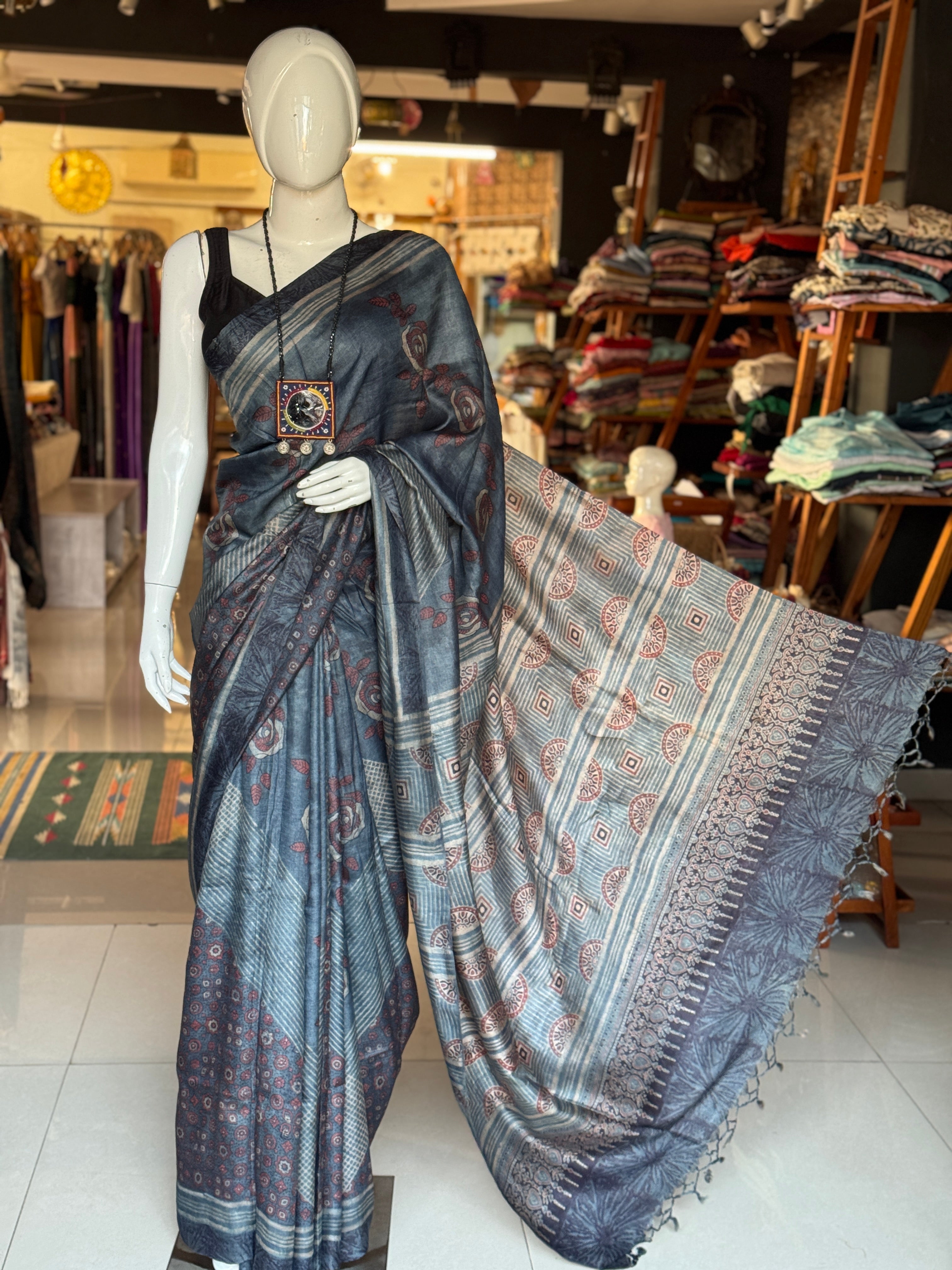 Indigo pure tussar silk handwoven saree with Ajrakh hand block prints ...