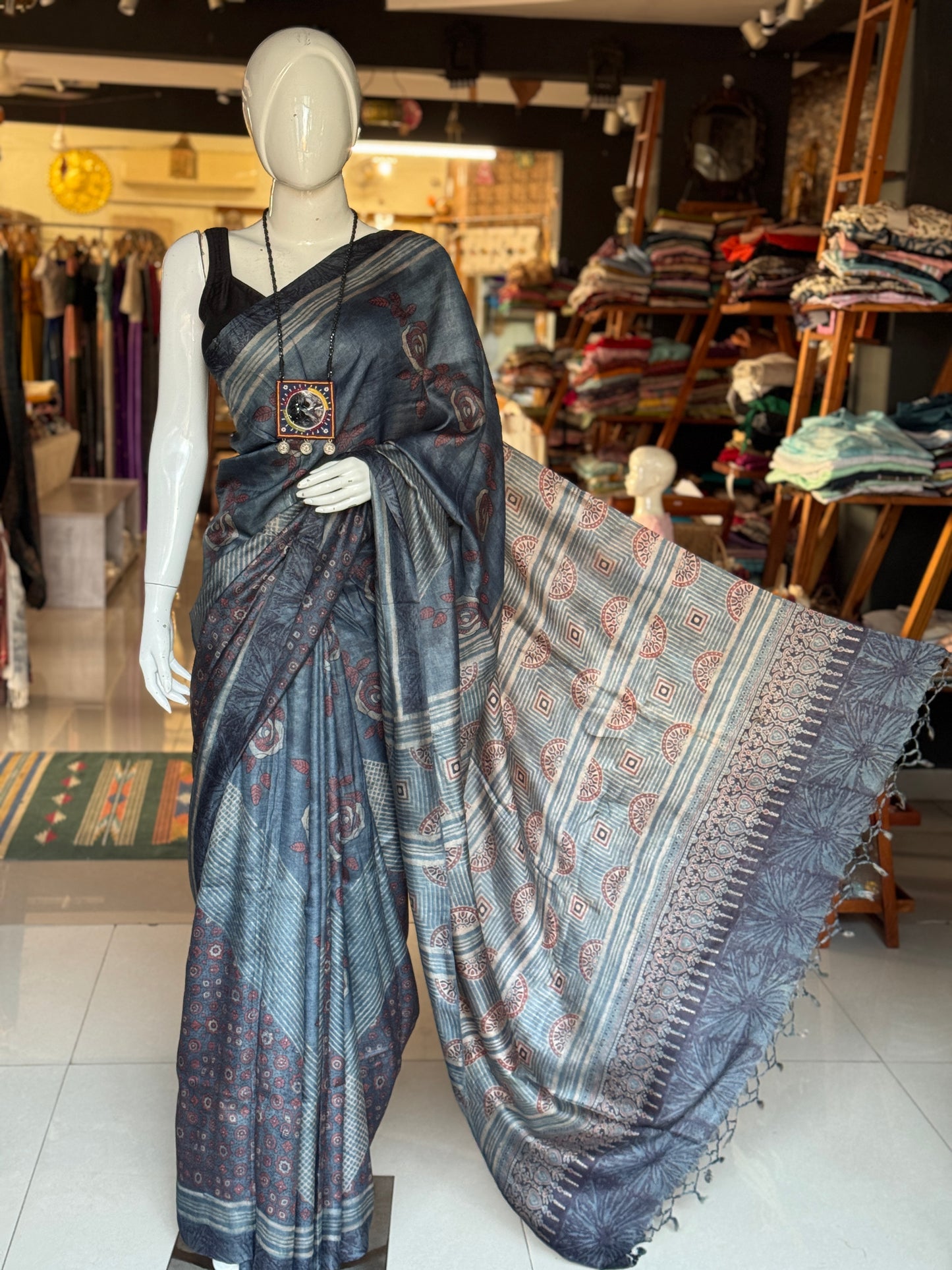 Indigo pure tussar silk handwoven saree with Ajrakh hand block prints