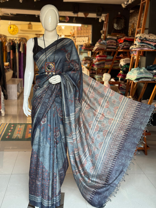 Indigo pure tussar silk handwoven saree with Ajrakh hand block prints