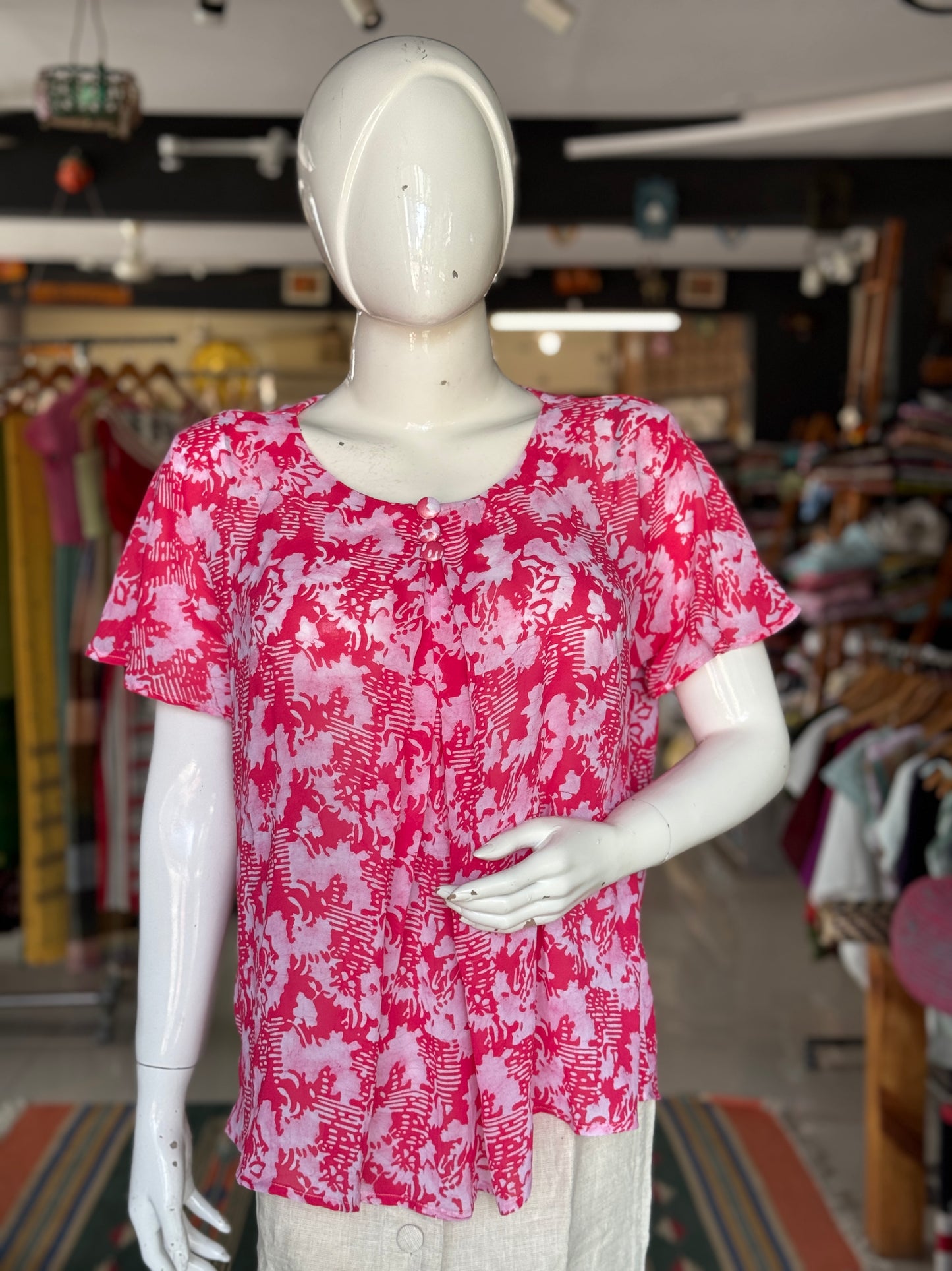 Pink hand batik georgette top with pleats at neckline