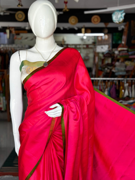 Pink and orange dual tone pure silk twill weave handwoven plain saree with contrast green pallu and border