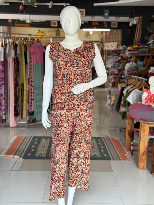 Maroon Kalamkari cotton coord set, high low top with pants - houses n trees handblock printed cotton