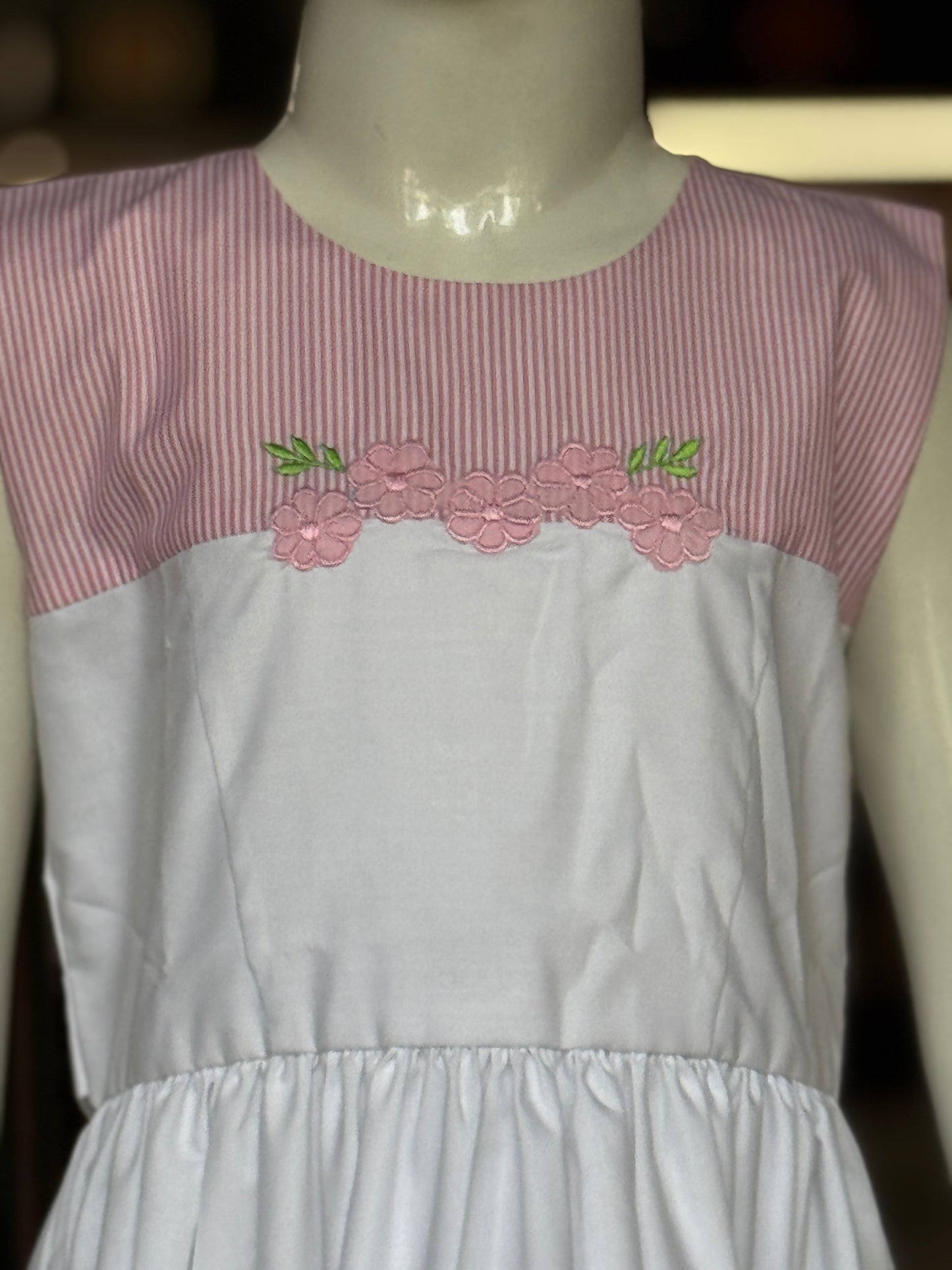 White and pink stripes n flowers embroidered cotton sleeveless frock