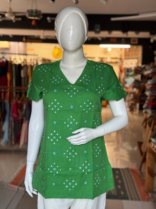 Short sleeves placement bandini tie n dye cotton tunic top / short kurti - multiple colors n designs available