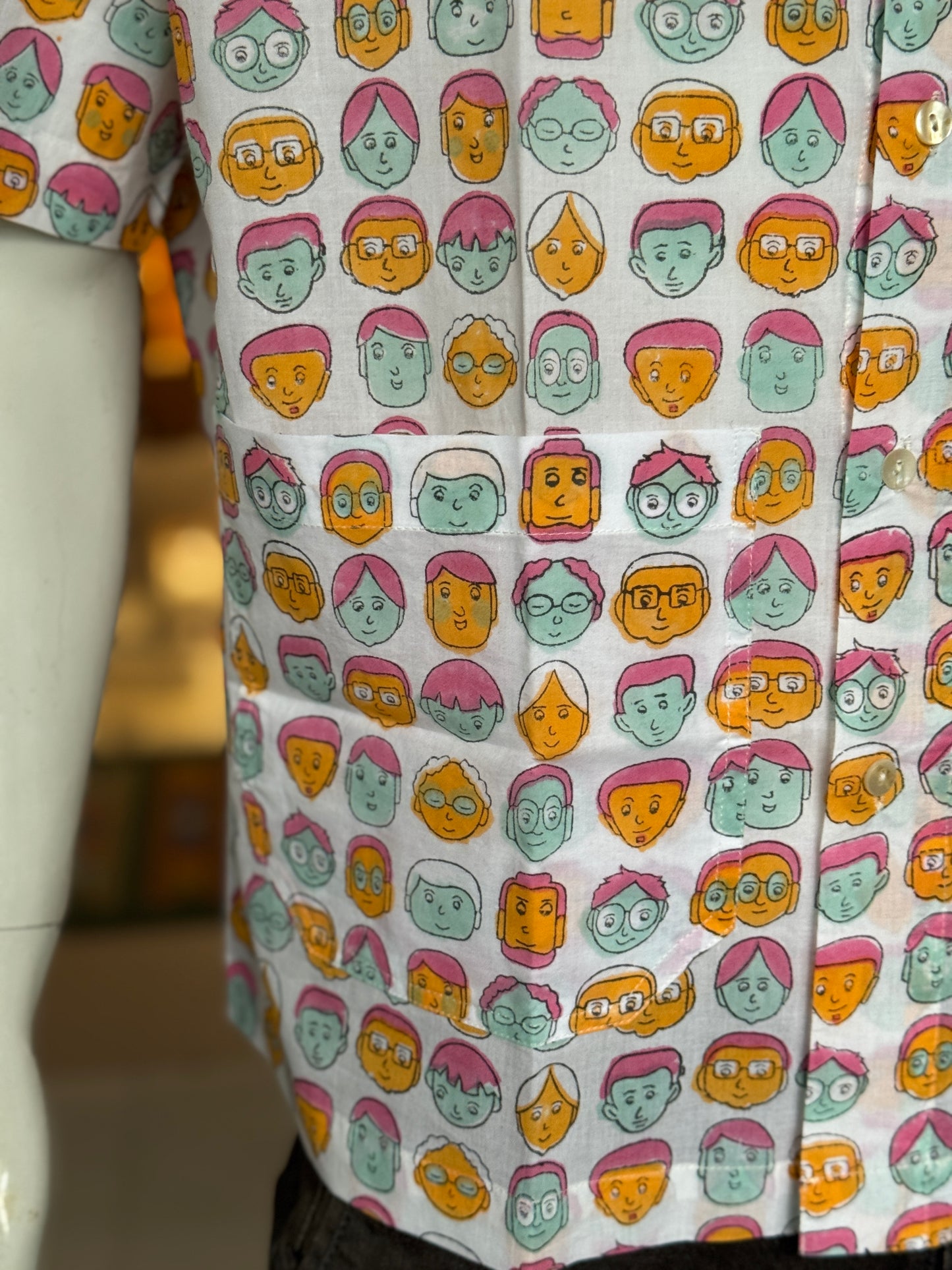 Colorful faces print half sleeves mens hand block printed band collared cotton shirt - vacation vibes