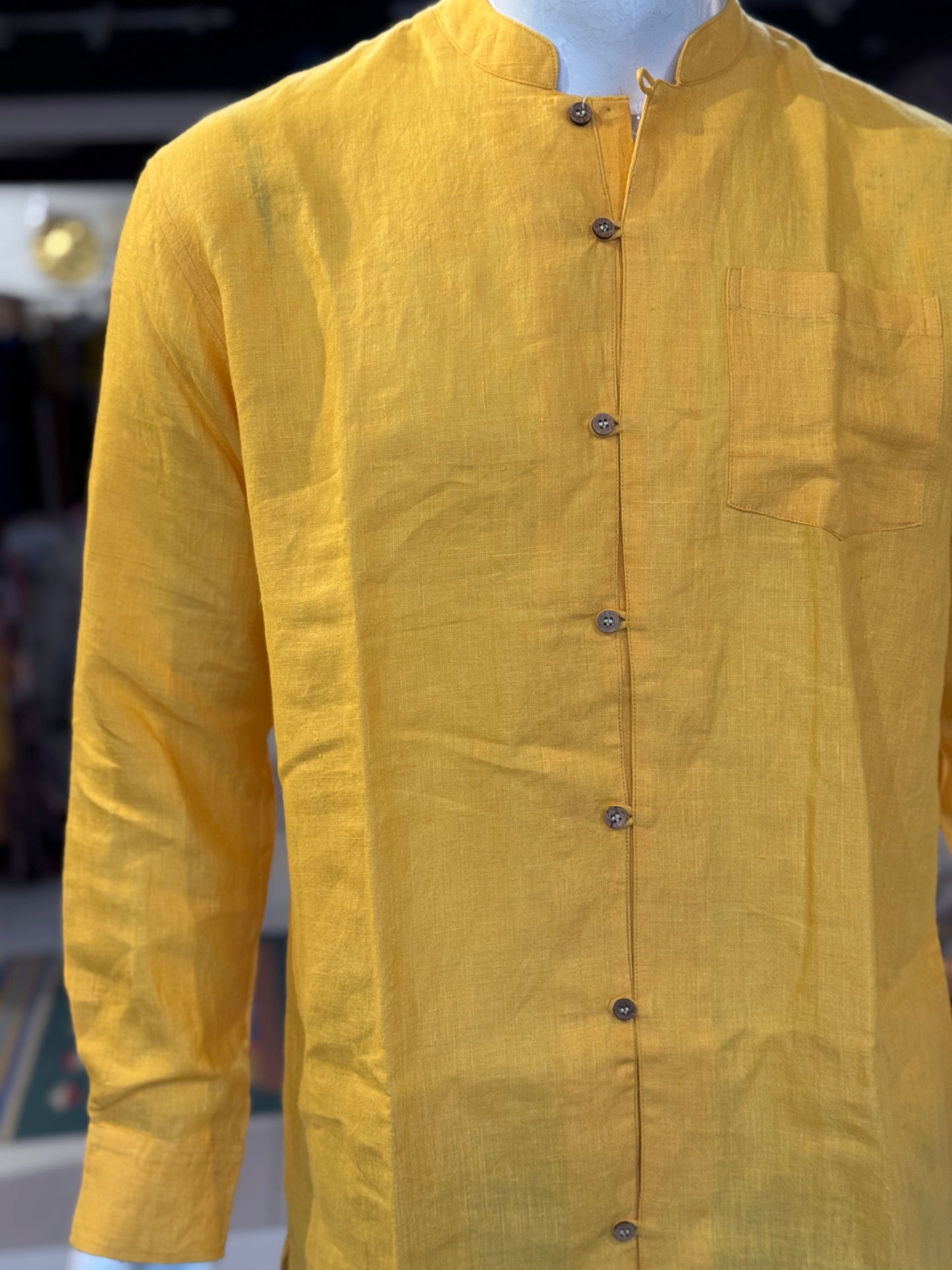 Bright yellow handwoven linen band collared shirt for men