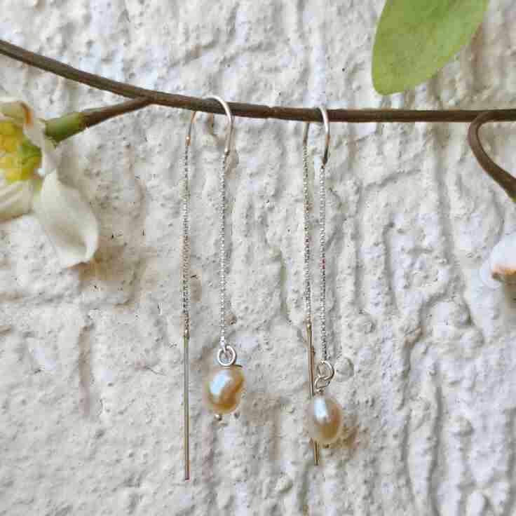 Sleek fresh water pearl drops earrings with dangling chain behind the ear - 92.5 Sterling silver