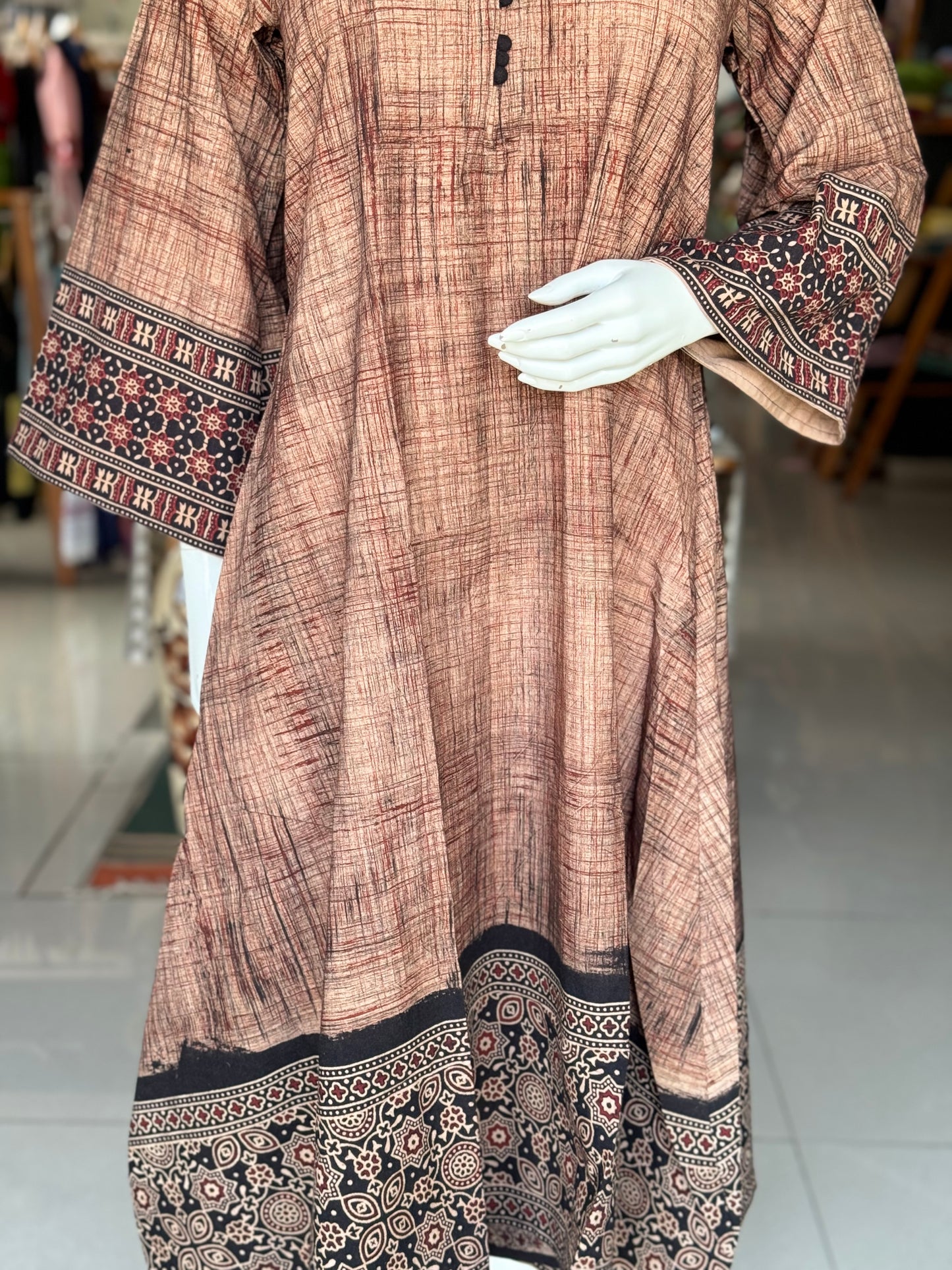 Brown flared sleeves cotton dress with hand prints