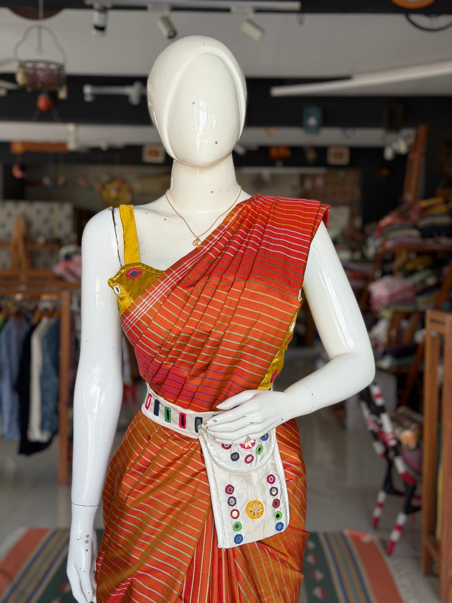 Mashru belt with attached phone pouch - hand embroidered mirror work