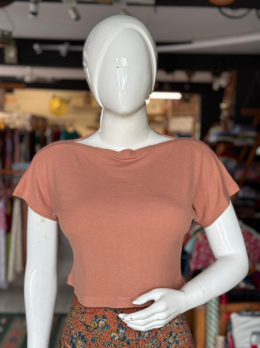 Boat neck textured stretchable free size crop top / blouse - multiple shades
