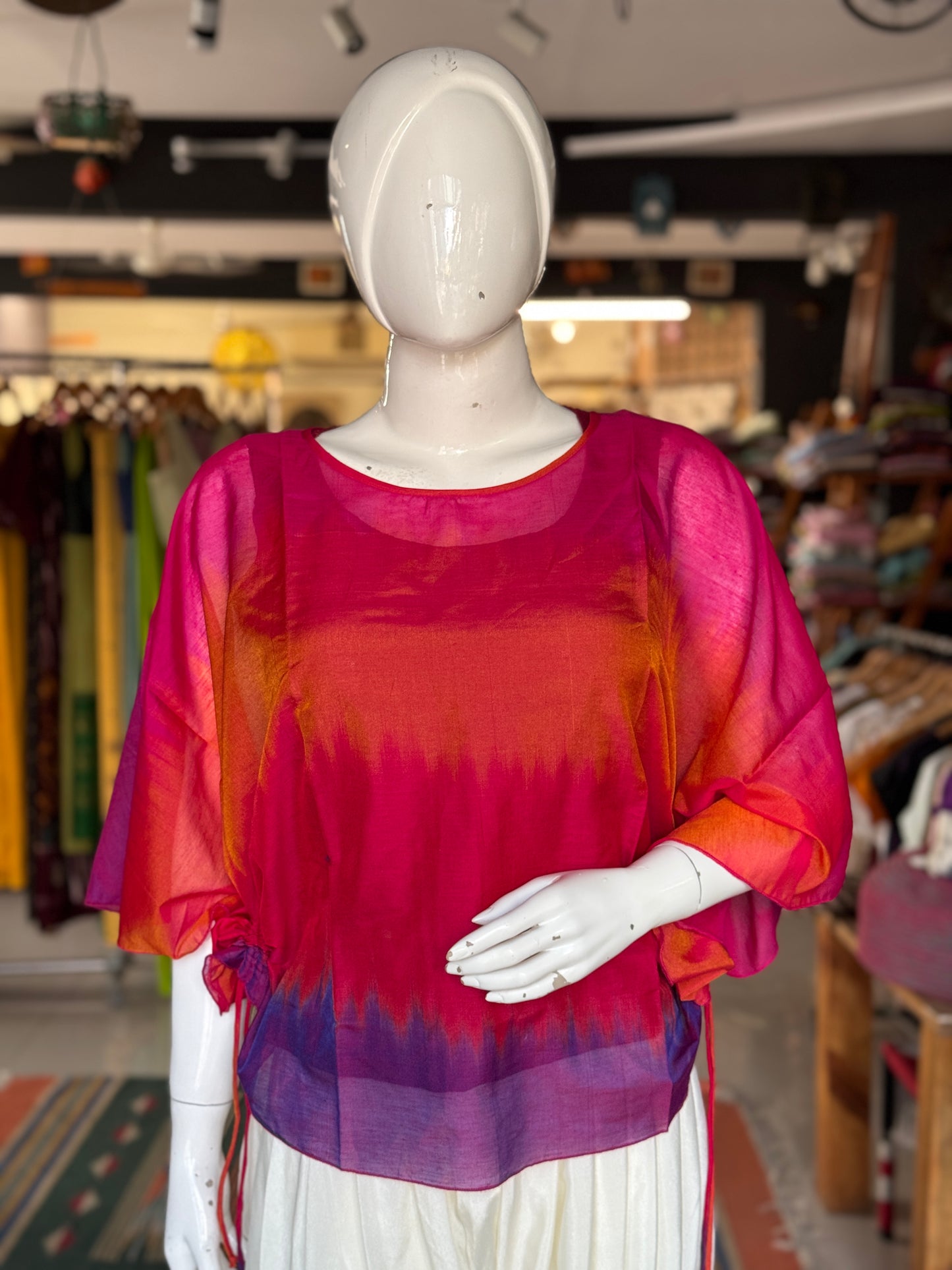 Pink orange purple red tie n dye silk top with side pulls - free size