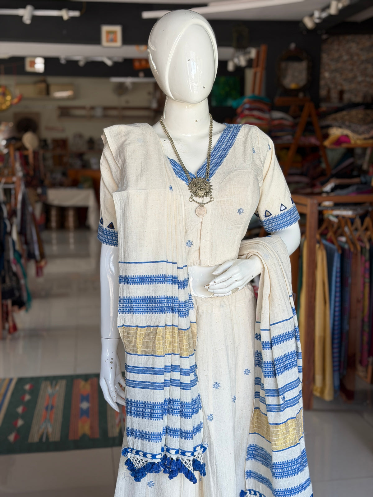 Off white Bhujodi kala cotton handloom blouse with mirror work on sleeves and back