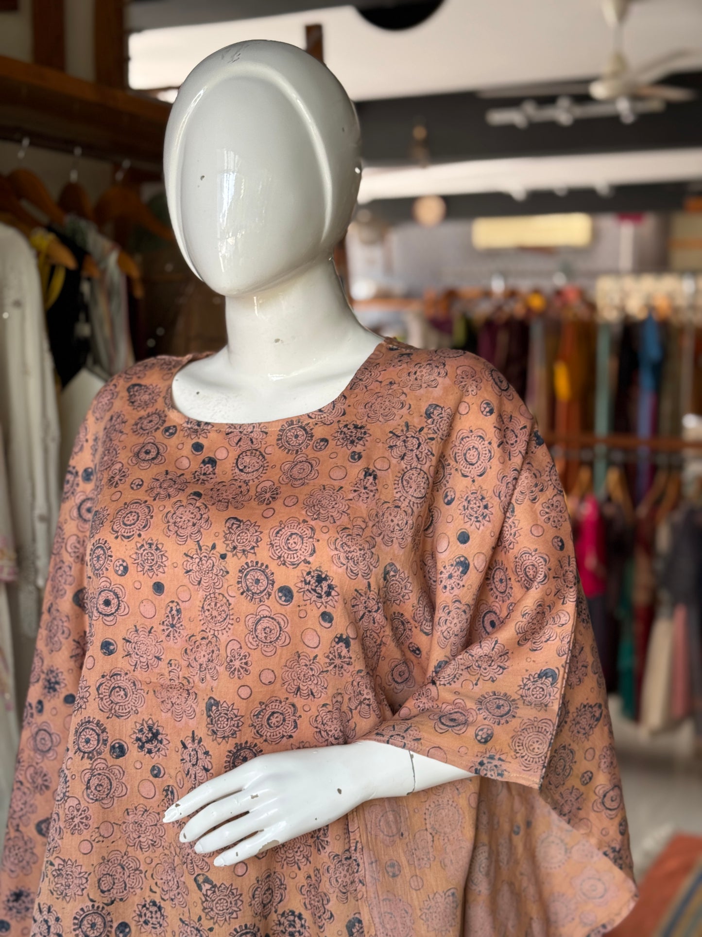 Blue flowers n circles on beige cape top - hand block printed, natural dyed, Kalamkari satin cotton top