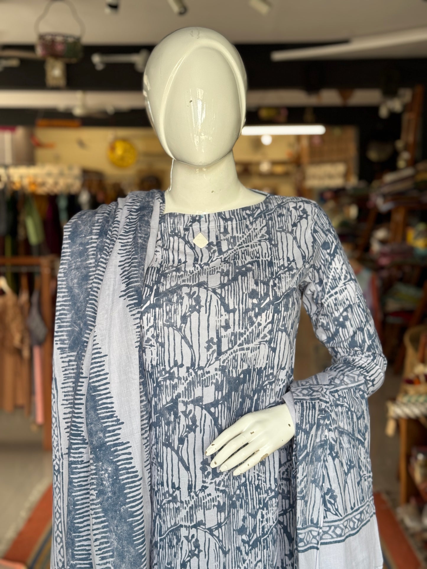 Greyish blue leaf pattern soft batik cotton a-line kurta, dupatta and pants -  3 piece suit set