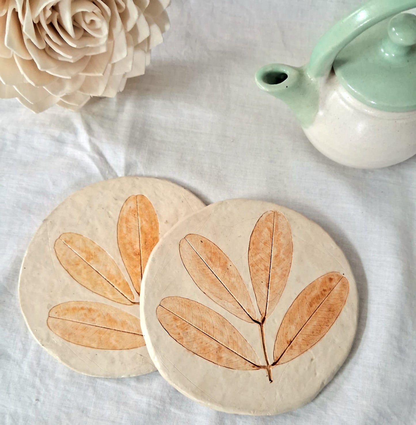 Round Coasters 4 piece set - handmade Papier mache - 4 leaves design