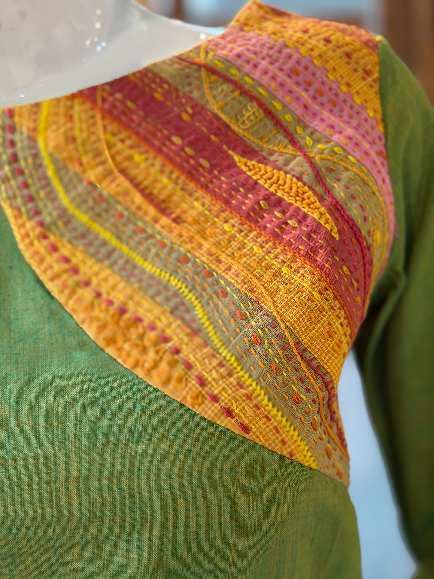 Green cotton kurti with colorful hand embroidered shoulder