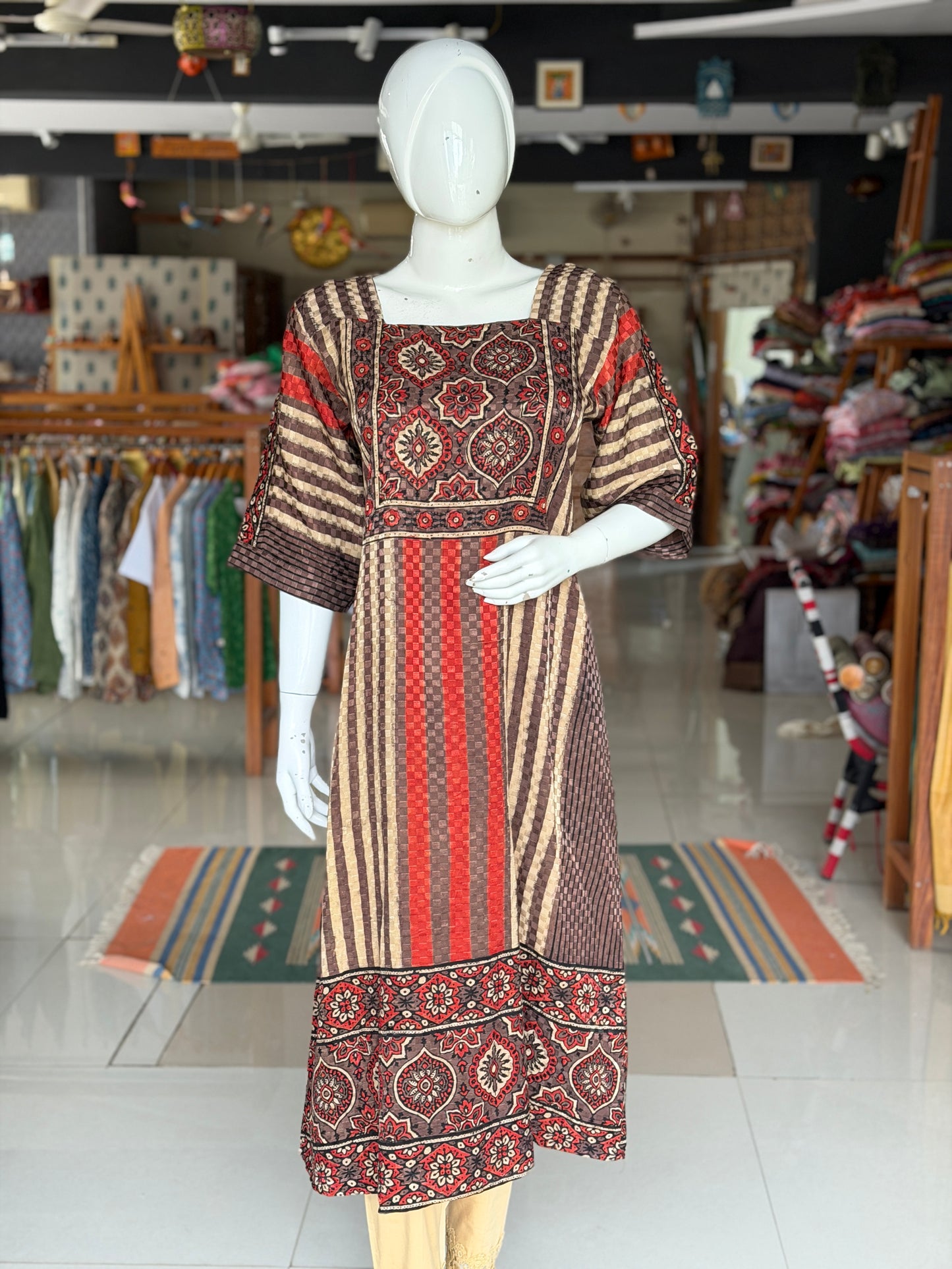Brown n beige Ajrakh hand block printed a-line kurti