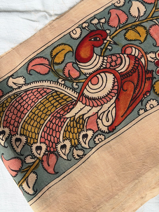Blue Silk pen Kalamkari hand painted border with peacocks and flowers design
