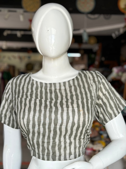 Grey batik stripes cotton back open blouse with lining