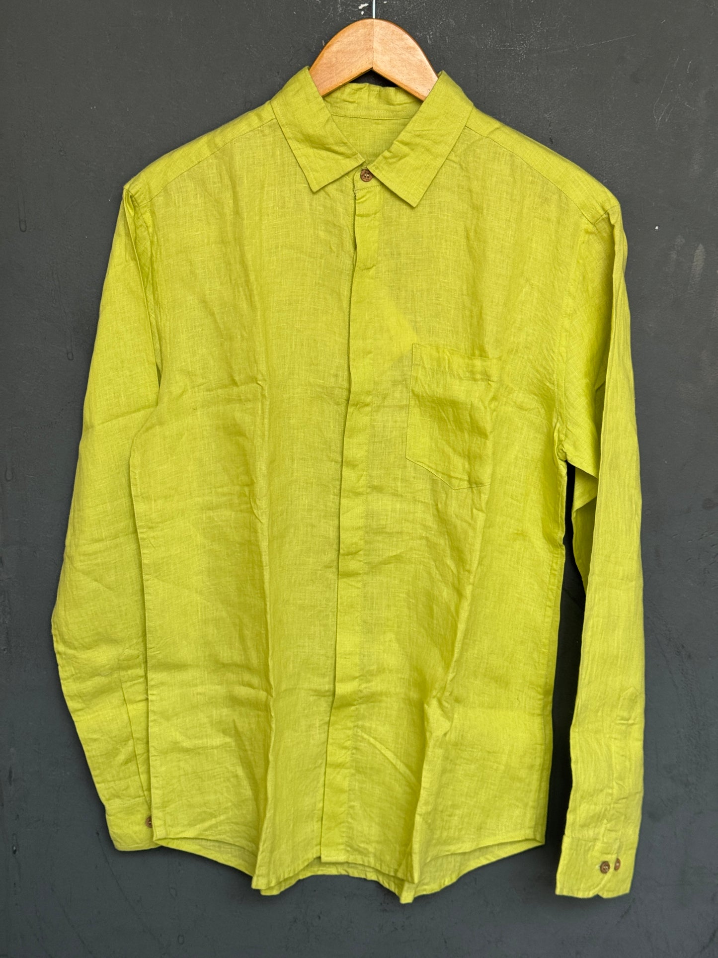 Neon green handwoven linen collared shirt for men with wooden buttons