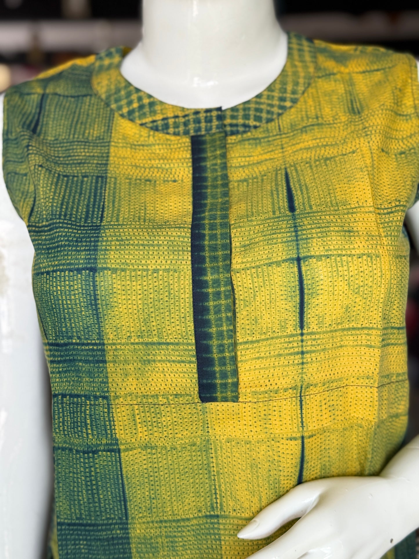 Yellow green needle Shibori tie n dye cotton sleeveless top