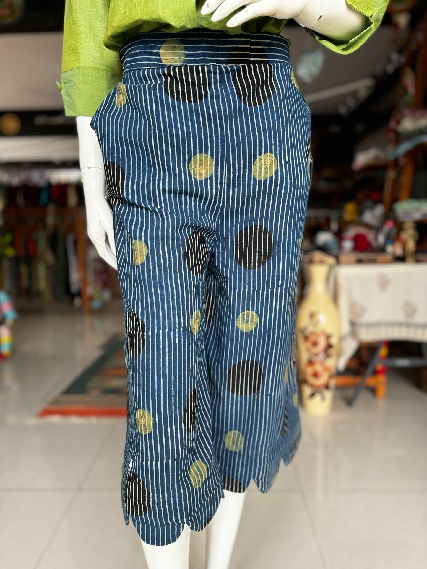 Indigo Ajrakh hand block printed cotton free sized cropped plazo pants with scallop border